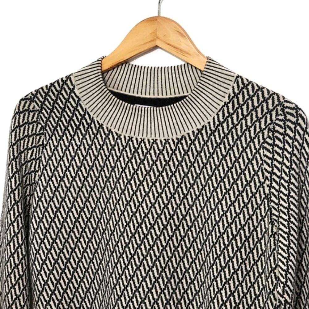 Tanya Taylor Geometric Knit Virgin Wool Sweater Round Neck Black White L Modern - Picture 2 of 13